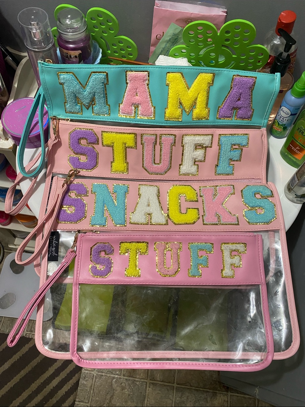 Girlie Girl Originals Clear Wristlet Pouch Set - Pink & Aqua "MAMA SNACKS STUFF"